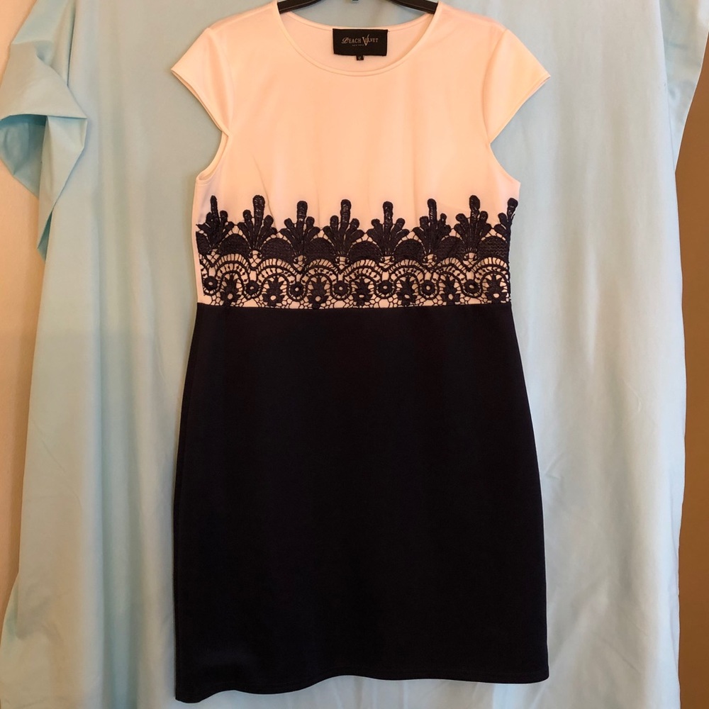 Peach Velvet Navy & Ivory Sheath Dress, Sz. 12